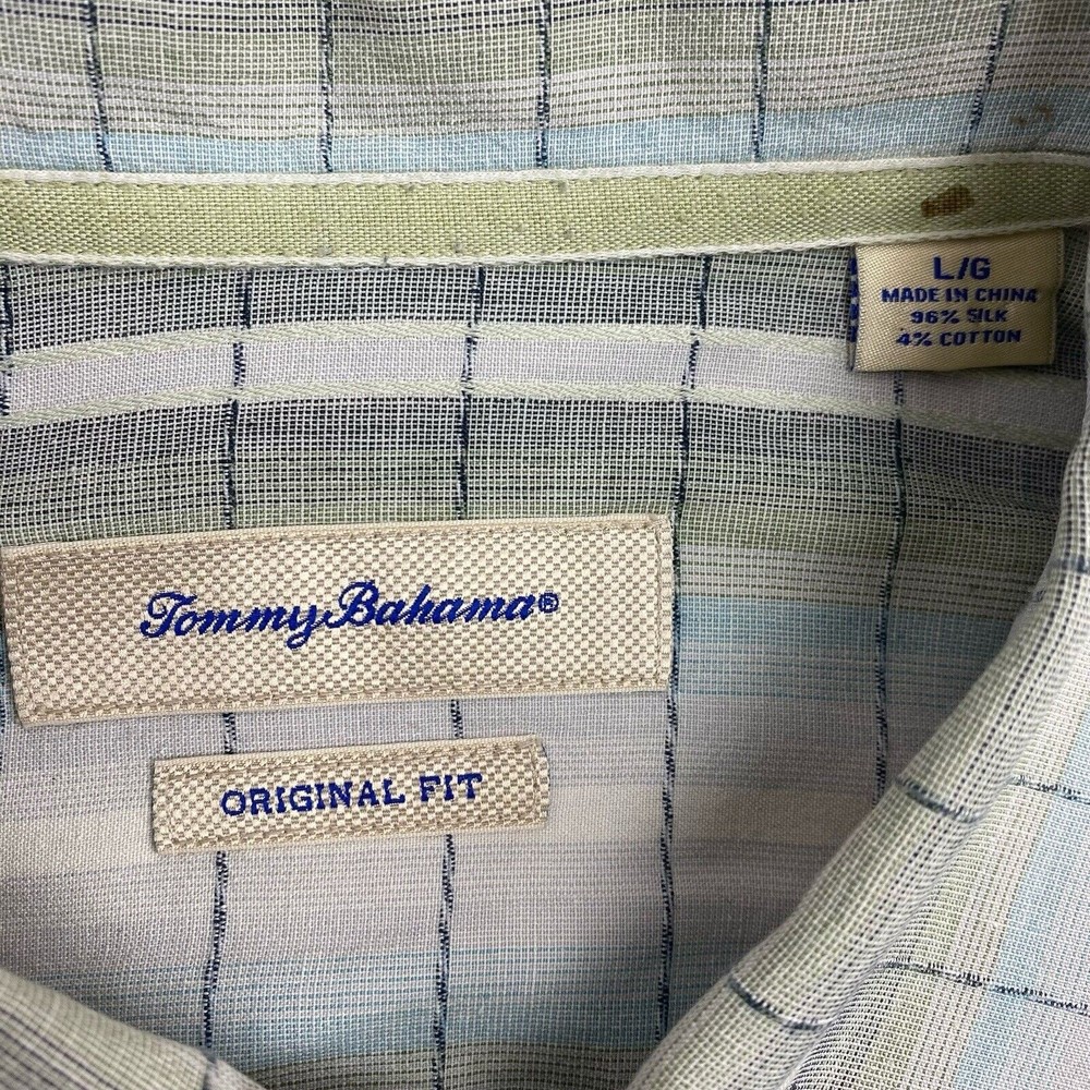 Tommy‎ Bahama Men's Blue Green Striped Silk Blend Short Sleeve Button Down Shirt - Picture 2 of 5